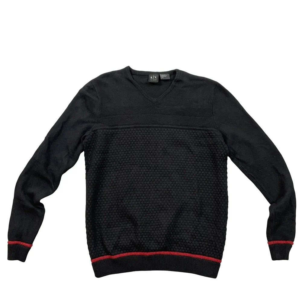 Armani Exchange Mens Lambswool Cotton V-Neck Textured Knit Sweater Black Red L